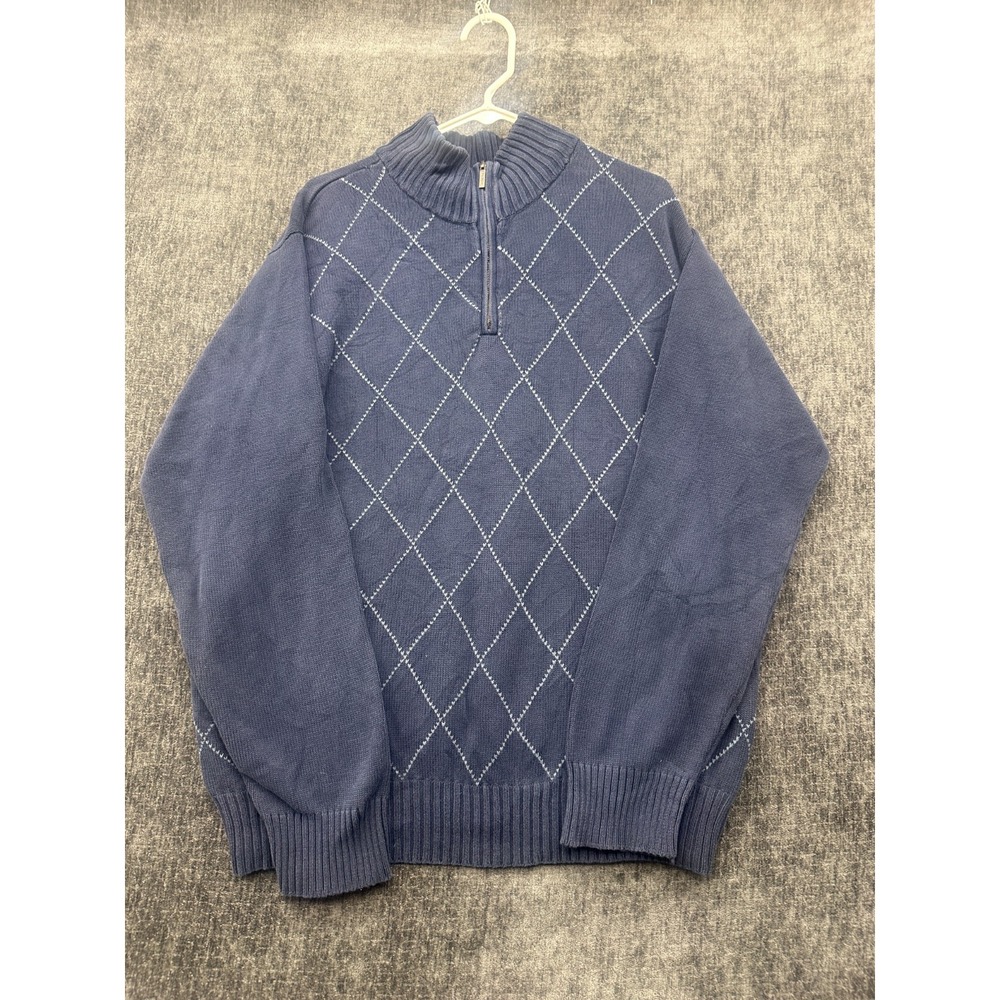Vtg Van Heusen Sweater Mens L Blue Cotton Chunky Knit Argyle Mock‎ Neck 1/4 Zip